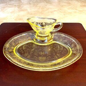 Vintage Hazel Atlas Florentine #2 'Poppy' Yellow Glass Gravy Boat w/ Underplate